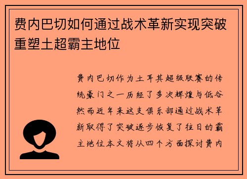 费内巴切如何通过战术革新实现突破重塑土超霸主地位